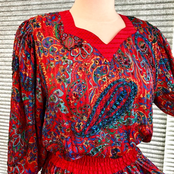 Diane Freis Red Holiday Dress Paisley Rich Gypsy Bohemian Style -Xmas OSFM - Picture 6 of 13